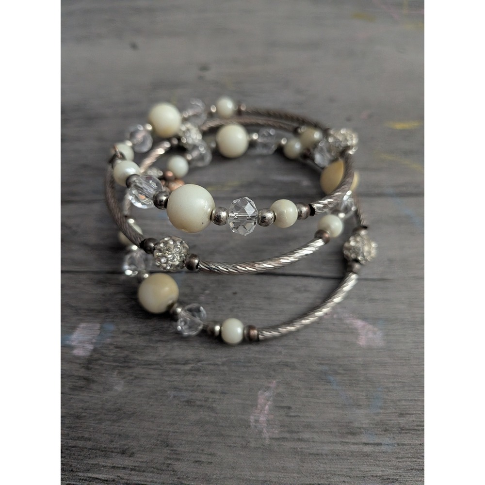 RMN Roman Beaded Wrap Bracelet Silver Tone Faux Pearl Crystal Rhinestone Layered